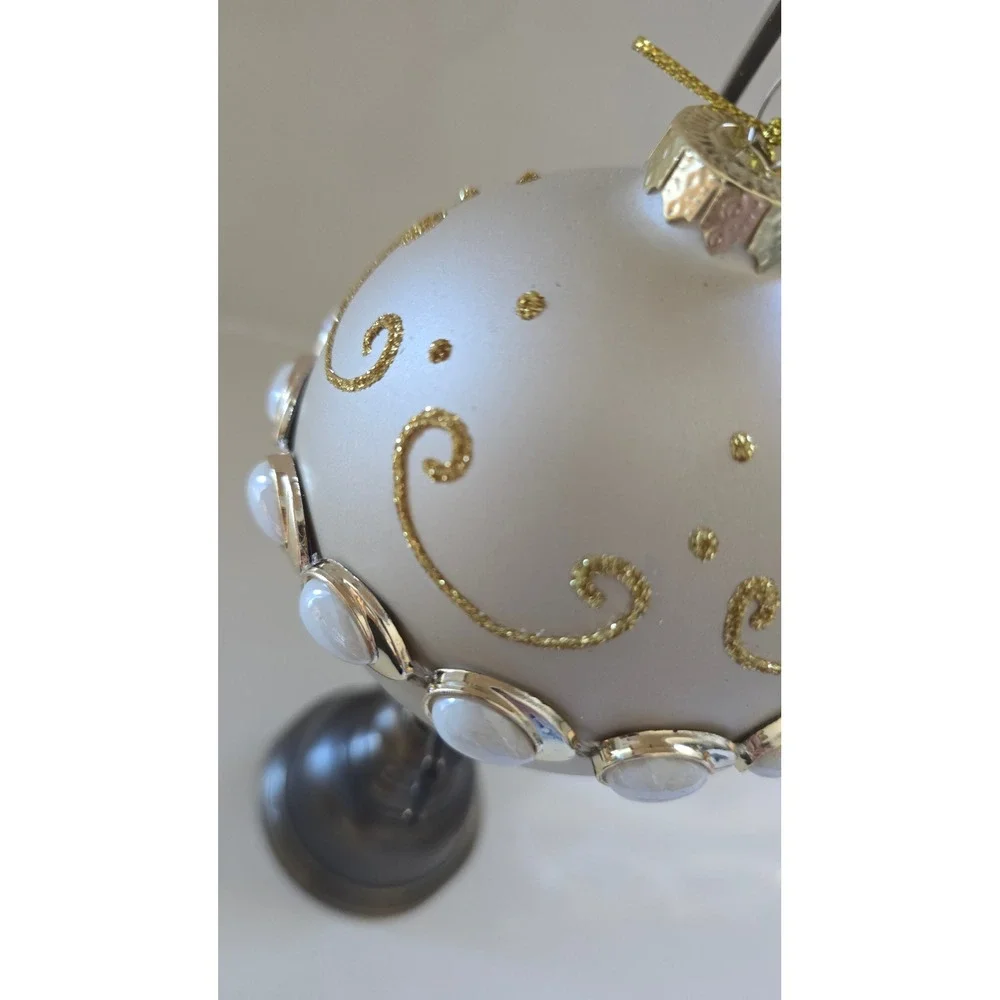 New Kurt Adler Cream Glass Ball Christmas Ornament Gold Faux Pearl Belt